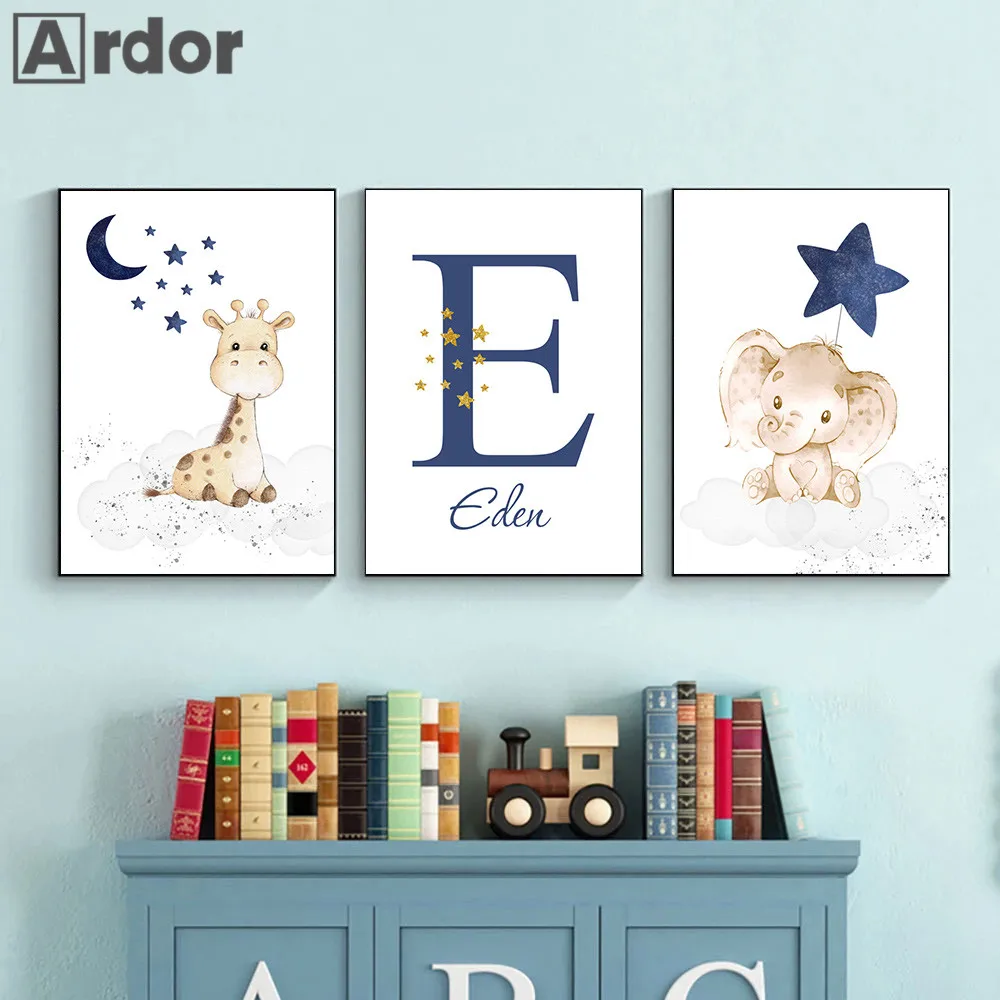 

Blue Moon Giraffe Lion Wall Art Poster Painting Custom Name Canvas Posters Nursery Print Nordic Wall Pictures Baby Room Decor