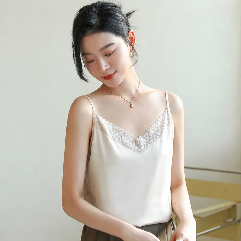 

New Solid Color V-Neck Satin Camisole Women's Loose Summer Knit Sleeveless Top French Camisole Ladies T-Shirt Girl Vest