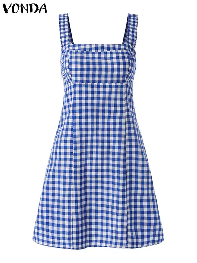 Мини-платье 2023 VONDA летнее клетчатое платье женский модный сарафан Пляжная Летняя