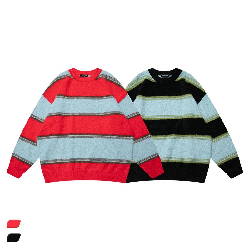 

Vayrich Mink Fur Soft Waxy Striped Sweater Unisex College Casual Outerwear Contrast Couple Knit Sweatshirts Coat