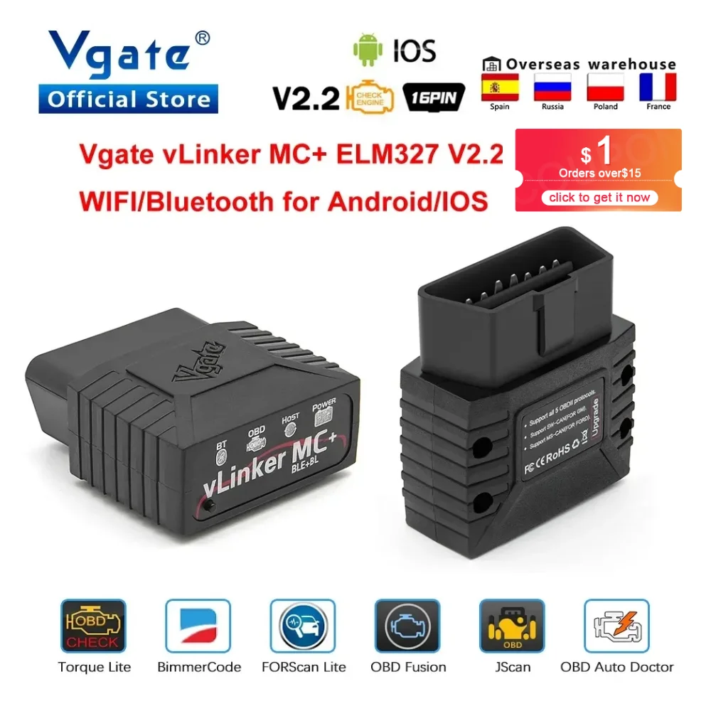 Автомобильный диагностический сканер Vgate vLinker MC + ELM 327 V2.2 Bluetooth 4,0 OBDII, Wi-Fi Автомобильный диагностический сканер Vgate vLinker MC + ELM 327 V2.2 Bluetooth 4,0 OBDII, Wi-Fi