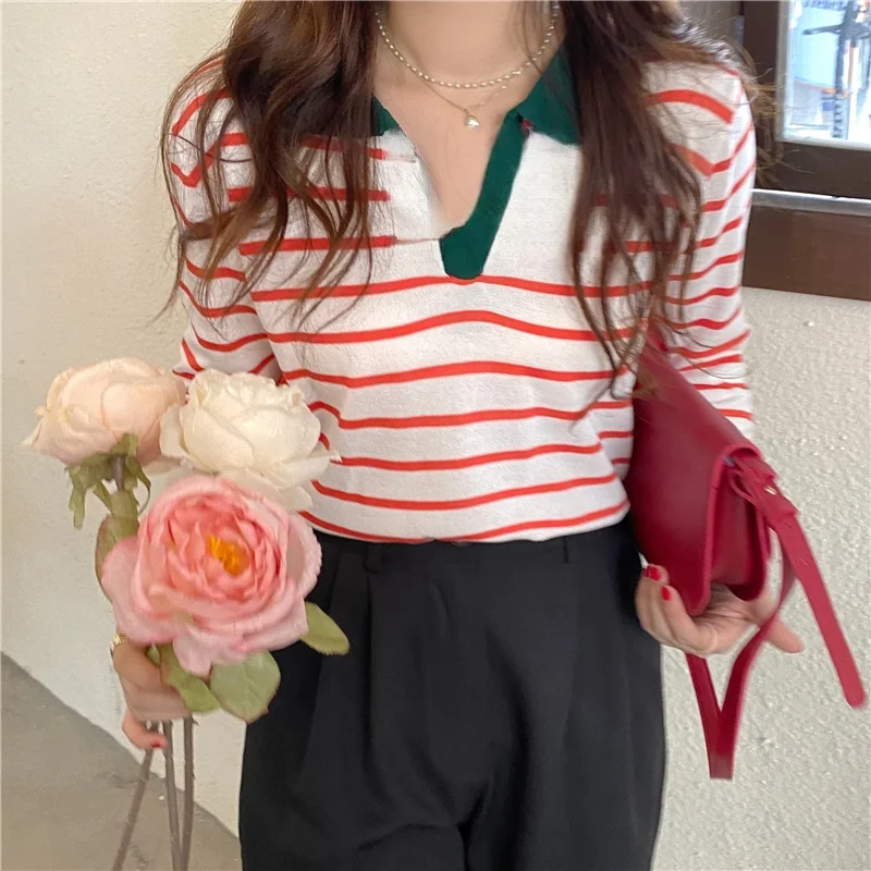 Fashion Striped V-Neck Polo Collar Contrast Color Pullover Sweater Women's Casual All-Match Tops Long-Sleeved Bottoming Jumpers