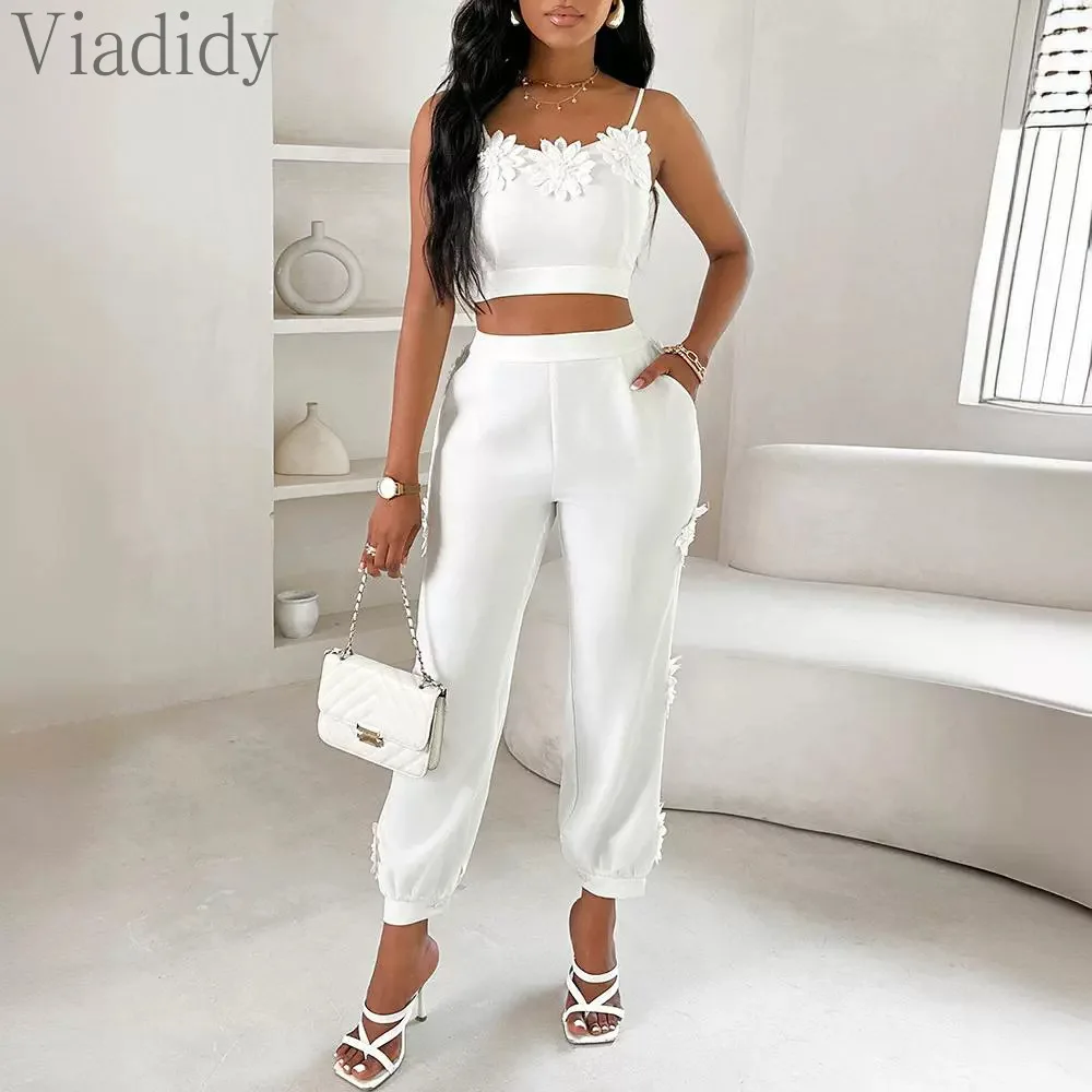 Женский Повседневный однотонный топ на бретельках с цветочным принтом и брюки