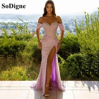 sodigne pink prom dresses long mermaid evening gowns 2022 off shoulder slit glitter sequin formal party dress for women