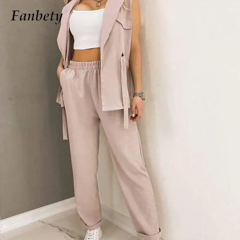 

Универсальный женский однотонный комплект из 2 предметов, модный офисный топ на шнуровке с завязками, элегантный комплект из жилета без рук...