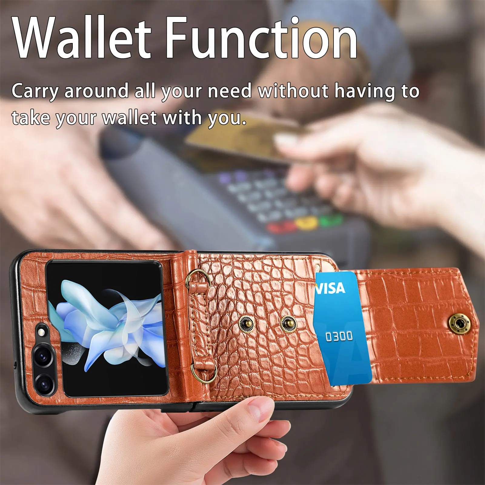 

Новый стильный кожаный чехол-кошелек с ремешком и узором крокодила для карт для Samsung Galaxy Z Flip 5 4 с длинным веревкой и RFID-защитой