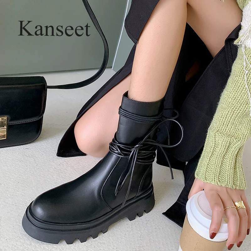 

Kanseet Mid-Calf Boots 2022 Winter Round Toe Platform Fashion Zipper Genuine Leather Thick Heels Women Boots Black Big Sizes 41