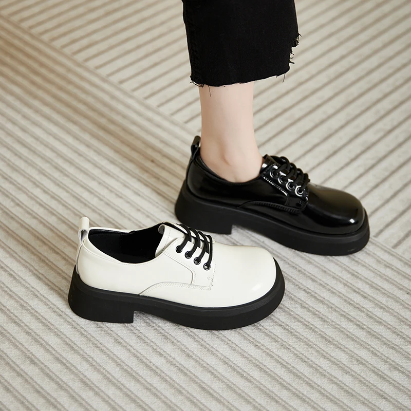Genuine Leather Women's Shoes Spring 2023 New Thick Sole Lace-up Women's Shoes Fashion Flat Student Shoes Ladies