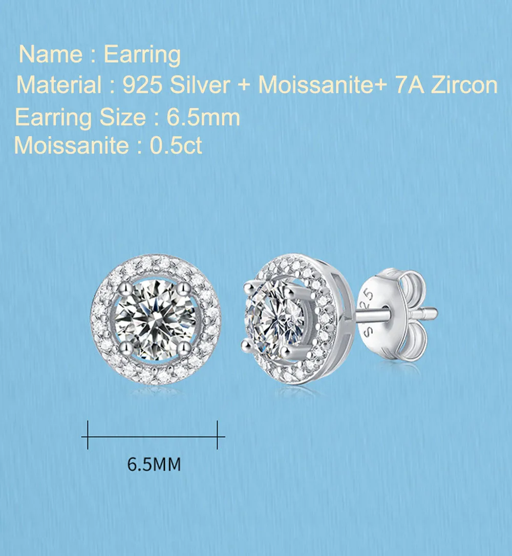 Serenity Four Claw 1 Carat a Pair D Color Moissanite Earrings Round Cut Brilliant Stud S925 Sterling Silver Plate Pt950 Jewelry