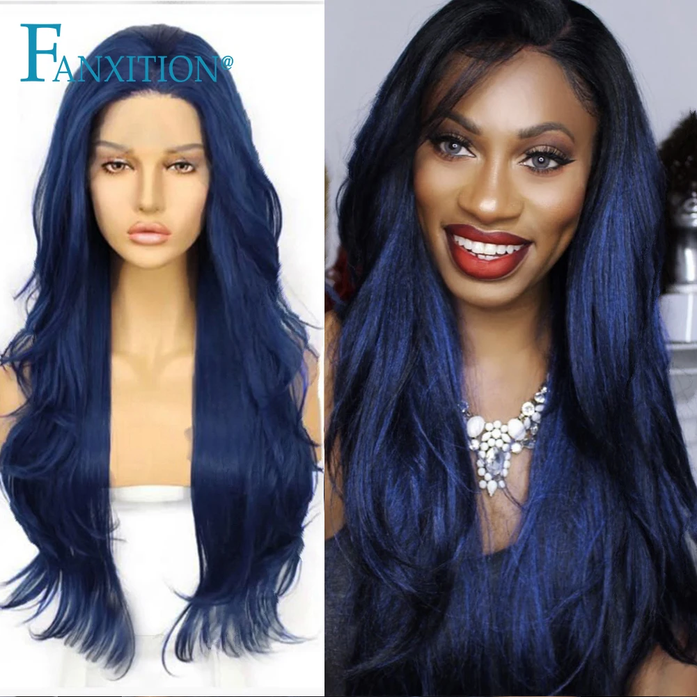 

FANXITION Long Synthetic Lace Front Wigs For Black Women Dark Blue Color Straight Wigs For Black Women Heat Resistant Fiber