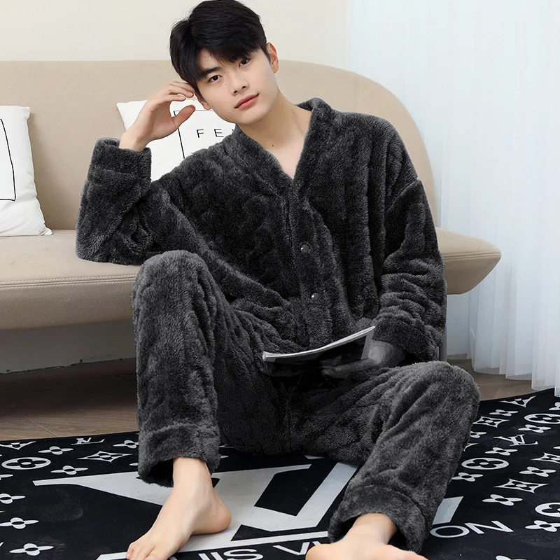 Winter Pajamas Set Casual Full Sleeve Sleepwear For Men Warm Soft Pyjama Man Thick Flannel Cartoon Bear Homewear Plus Size