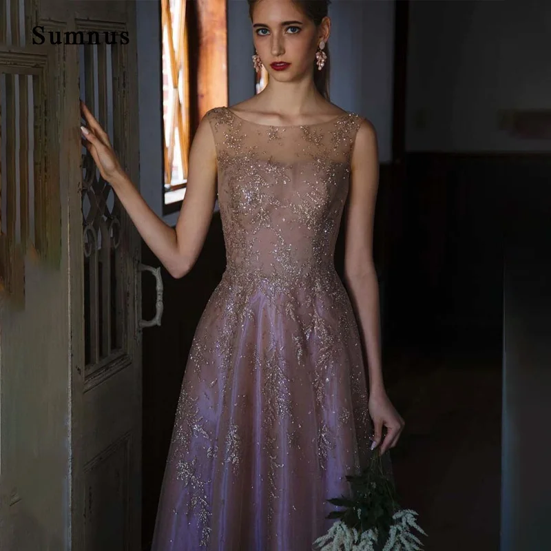 

Glitter Tulle Maxi Wedding Dress Illusion Tulle Sleeveless Bcakless O-neck Formal Party Prom Romantic Princess Bride Gowns