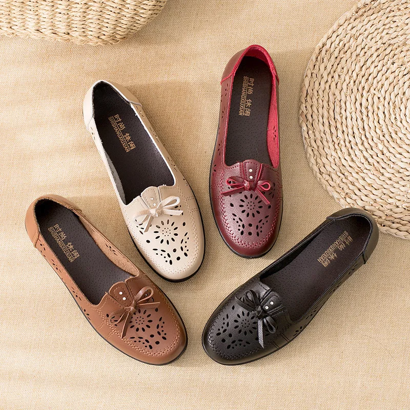 2023 Women Leather Flat Shoes Breathable Ladies Leisure Loafers Soft Sole Comfortable Female Shallow Office Flats Boat Shoes