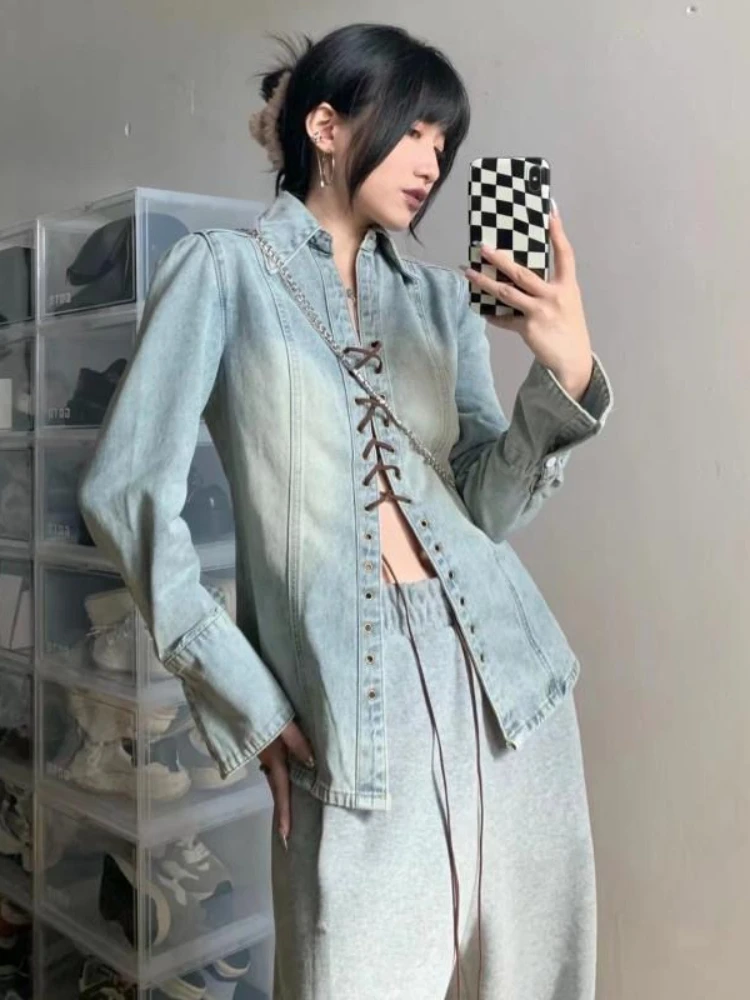 

Punk Gothic Streetwear Blouses Turn Down Collar Long Sleeve Solid Bandage Shirts Spring Autumn Female Slim Vintage Y2k Blouses