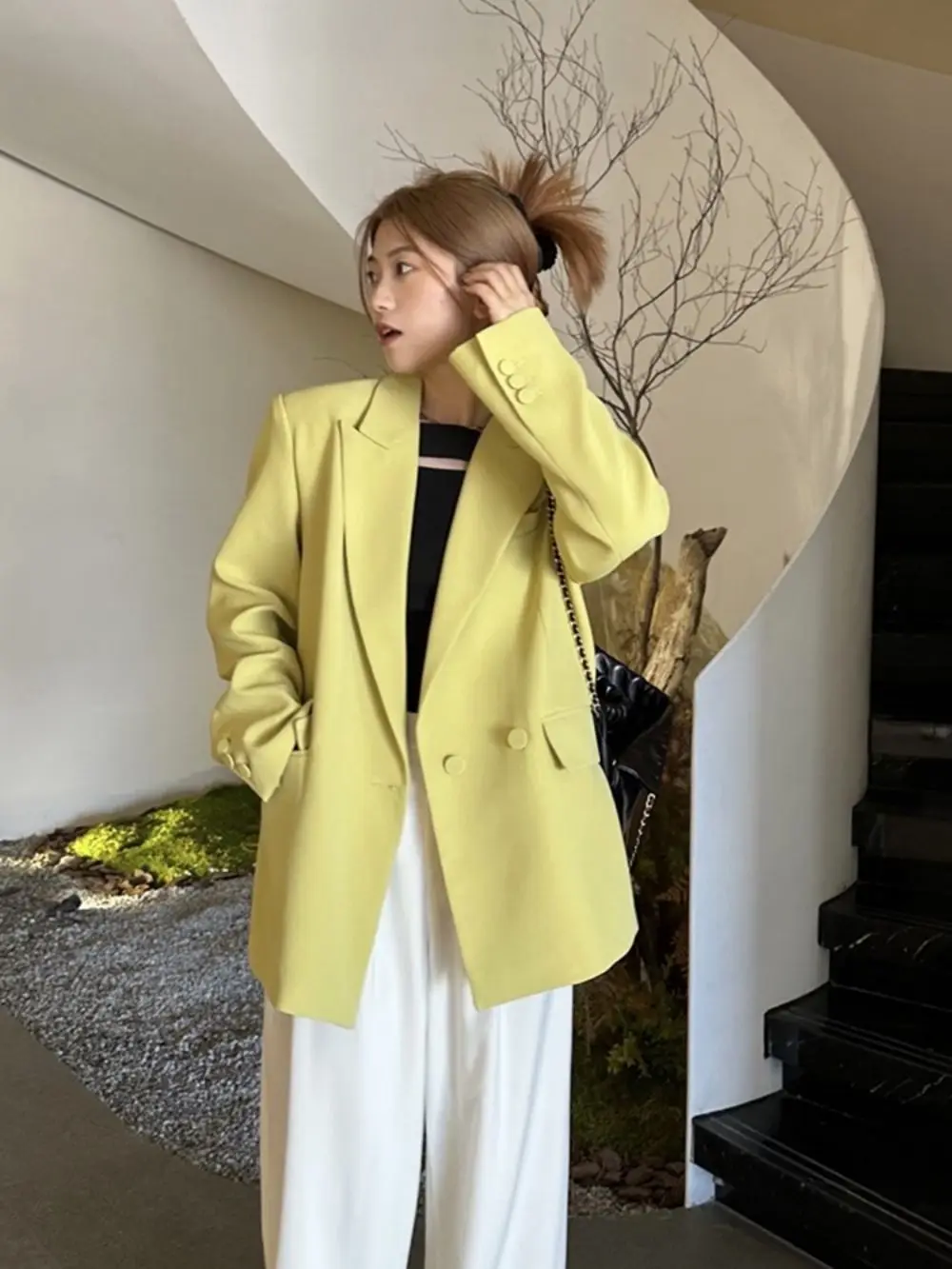 Straight Vintage Loose Blazers For Women Lapel Long Sleeve Double Breasted Solid Jacket Female Casual High Street пиджак женский