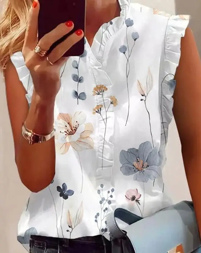 

Top Women 2023 Summer Fashion Floral Print Frill Hem Flutter Sleeve Top Casual Women's T-Shirt Sleeveless Vest New Basics Tee