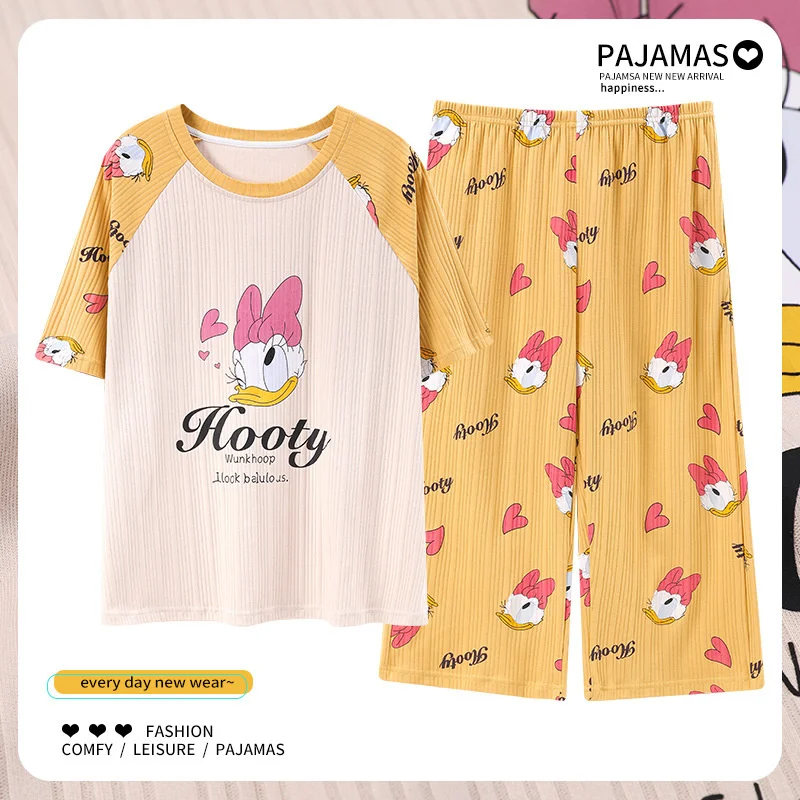 pajamas women's short sleeved capris summer new cotton round neck cute cartoon size home thin style can be worn out