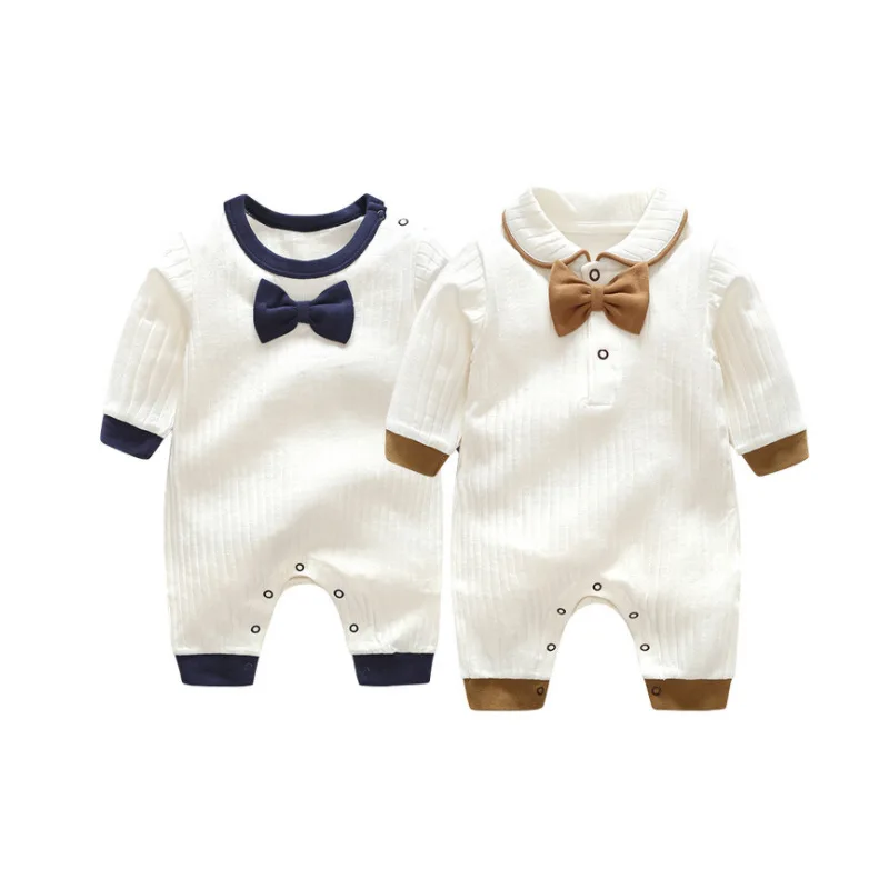 

New Autumn Boy Baby Simple Bow Jumpsuit Girl Infant Pit Striped Long Sleeve Romper Toddler Full Cotton Solid Casual One-piece