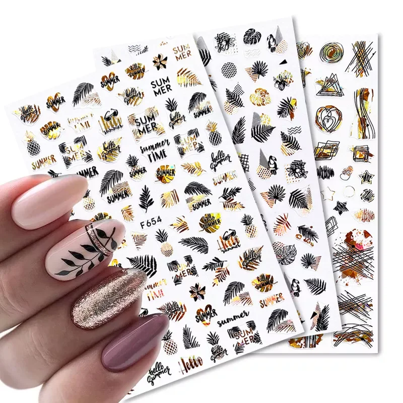 

NEW2023 Black Gold Leaf 3D Stickers Nail Decals Maple Design iridescent Shinning Manicuring Decoration Nail Art Slider Adhesive