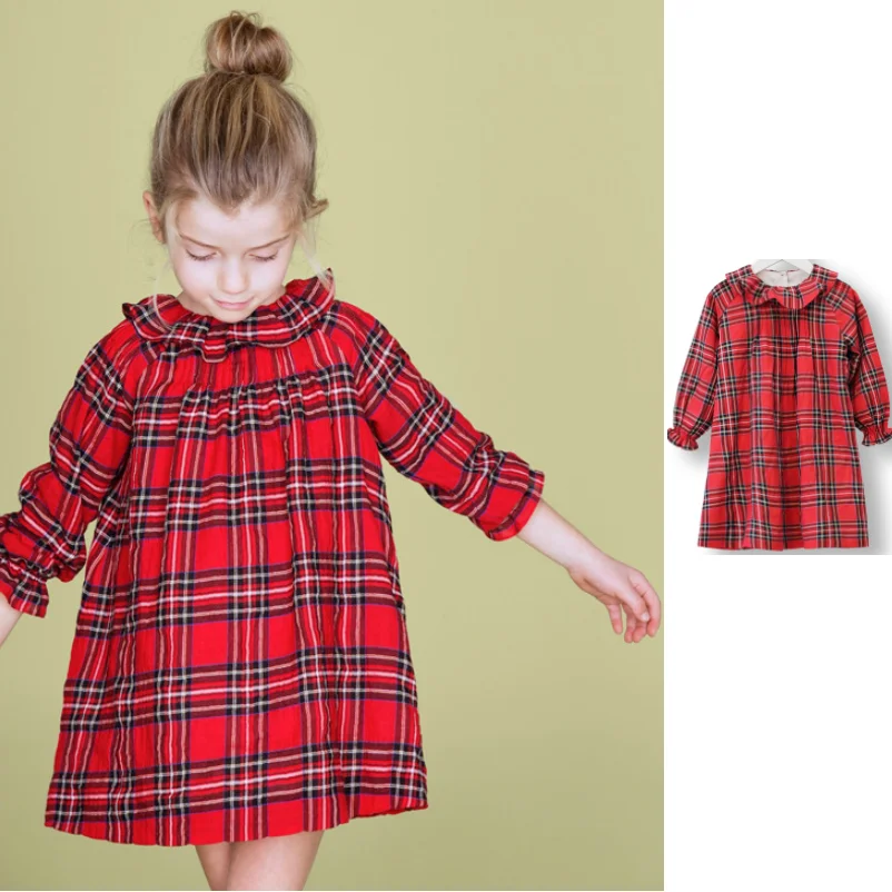 

Girls Dress 2022 Spring And Autumn New Plaid Cotton Long-Sleeved Children's Dress Red Lace Princess Dress Children's Clothing