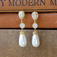 gorgeous water droplets pearl earrings classic fashion gold color metal inlaid zircon crystal dangle earrings for women jewelry