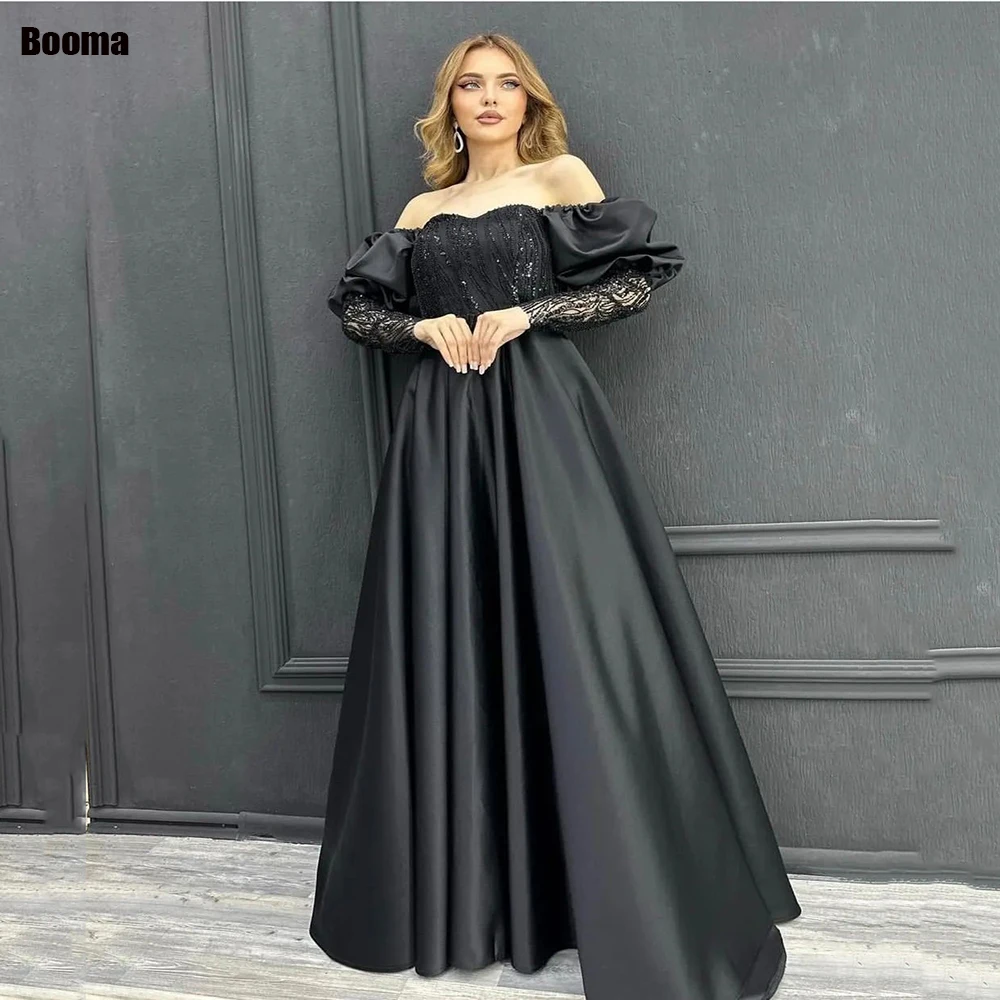 

Booma Black Off Shoulder Prom Evening Dresses A Line Party Dress Satin Long Women Formal Evening Gown robes de soirée 2023
