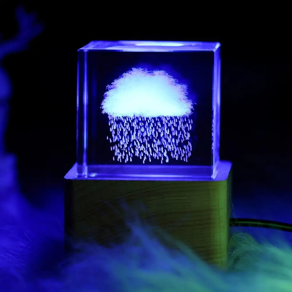 

Cube Statue Faux Crystal Cube Wooden Stand Transparent 3D Engraving Cloud Glowing Faux Crystal Cube Sculpture Birthday Gifts