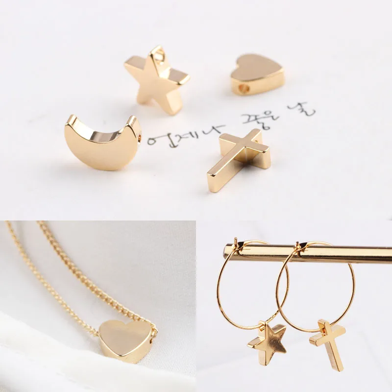 

10 шт. ювелирные аксессуары, медное покрытие золотого цвета, сердце, луна, звезда, крест, серьги, ожерелье, подвеска, шармы ручной работы