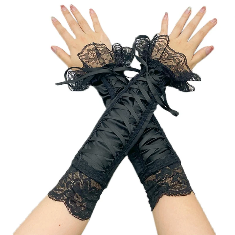

8colors Women Lace Sexy Floral Elbow Length Half-Finger Gloves String Ribbon Ties Up Dance Party Fingerless Cosplay Mittens
