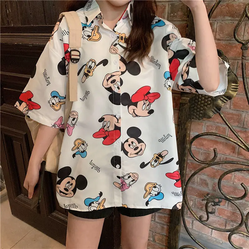 

Summer Disney Blouses Kawaii Cartoon Mickey Mouse Shirts Short Sleeve Turn-Down Collar Casual Female Clothing Women's Blouse Top