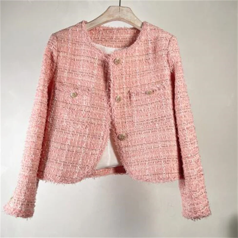 Tweed woven jackets women short coats spring and summer new round collar single-breasted long sleeve thin clothes