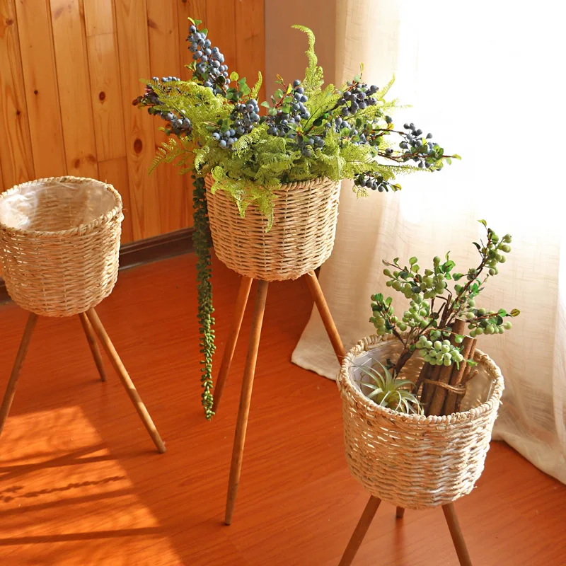 

zq Wooden Floor Flower Stand High and Low Jardiniere Straw Baskets Floor Decoration Living Room Balcony Simple