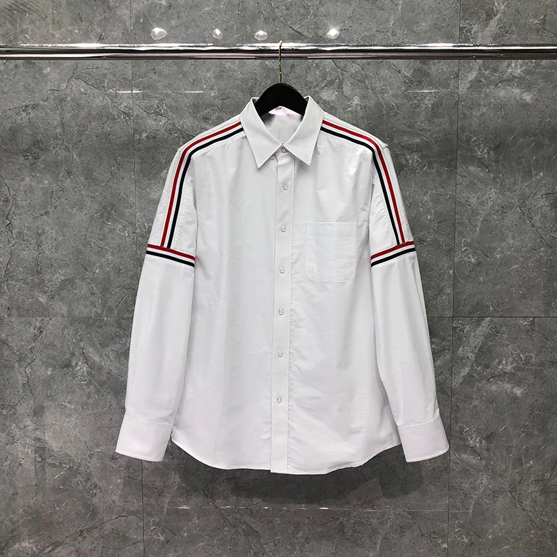 TB THOM Men‘s Shirt Spring Autumn Fashion Brand Clothes Ribbon Shoulder Vertical Stripe Cotton Oxford Casual Wholesale TB Shirts