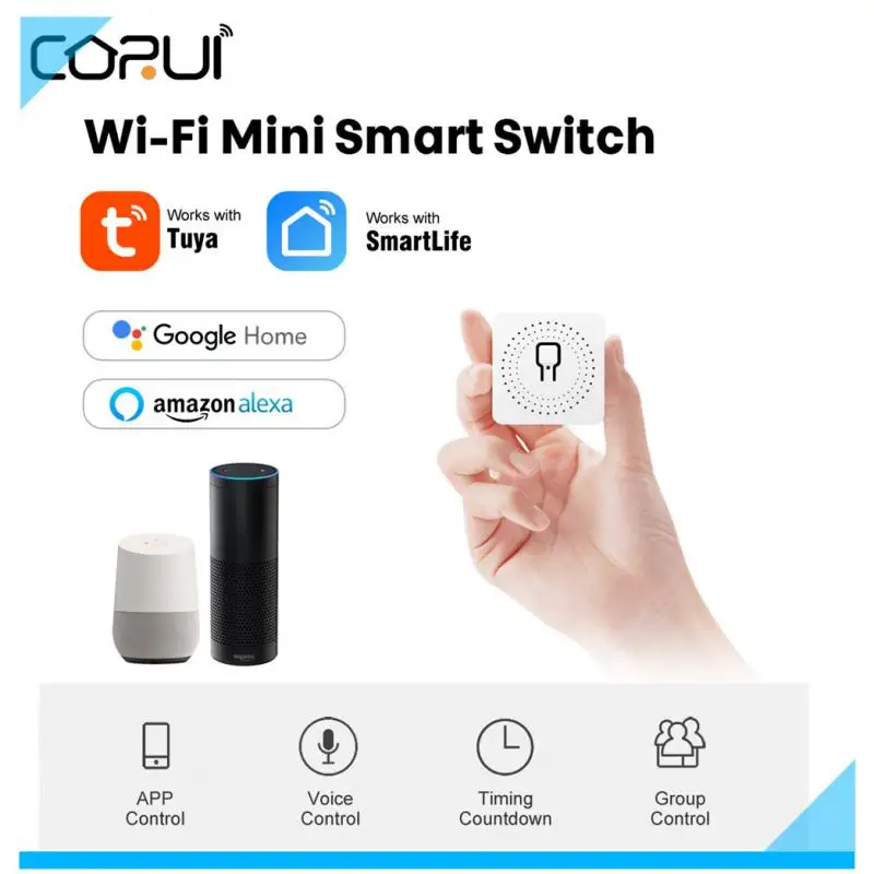 

Умный мини-коммутатор CORUI TUYA с Wi-Fi, 1/2 клавиши, без нулевого провода, требует таймера, работа с Alexa и Google Home
