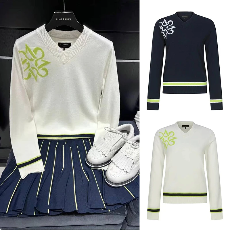 

StANDREWS GOLF Women's Long Sleeve Knitwear 2023 Autumn New V-neck Simple Slim Joker Sweater Golf Sports Breathable Jersey