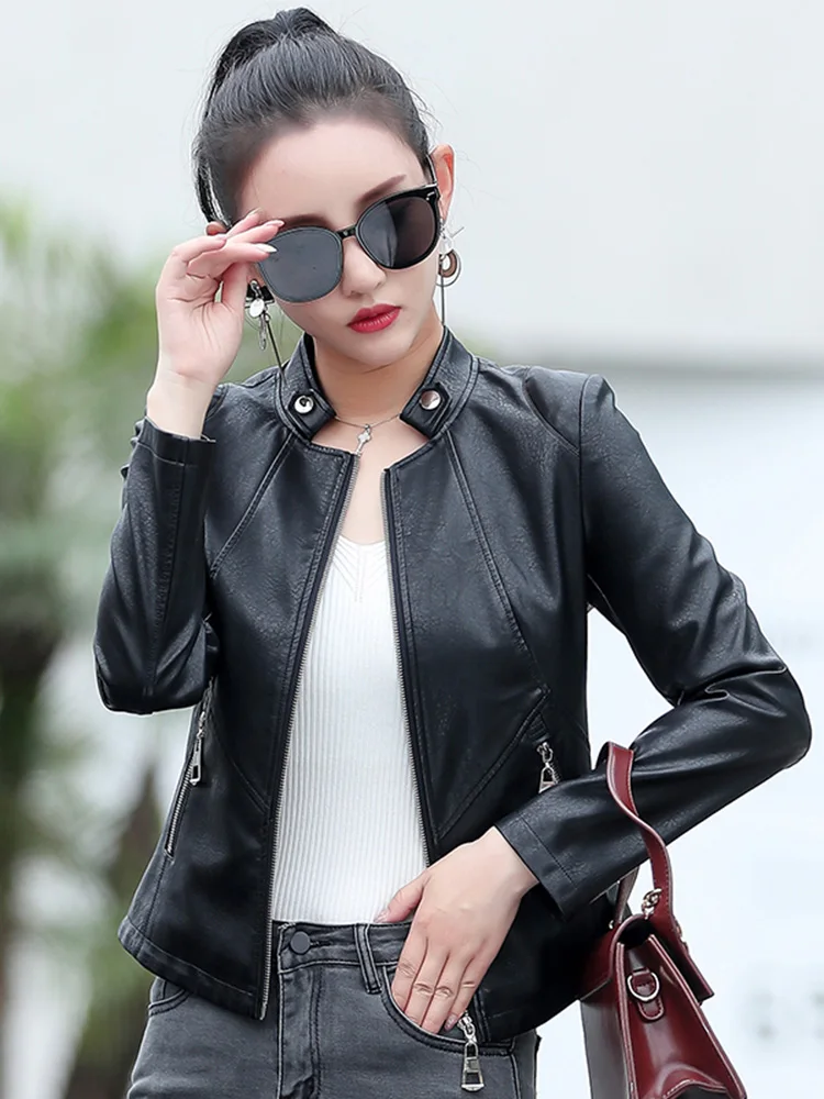 New Women Leather Jacket Spring Autumn Fashion Small Stand Collar Slim Waist Split Leather Short Coat Pink Sheepskin Outerwear