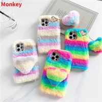 rainbow phone case iphone for iphone 13 11 12 pro max 12pro xs x xr 6s 7 8 plus 5 se 3 soft silicone warm plush furry back cover