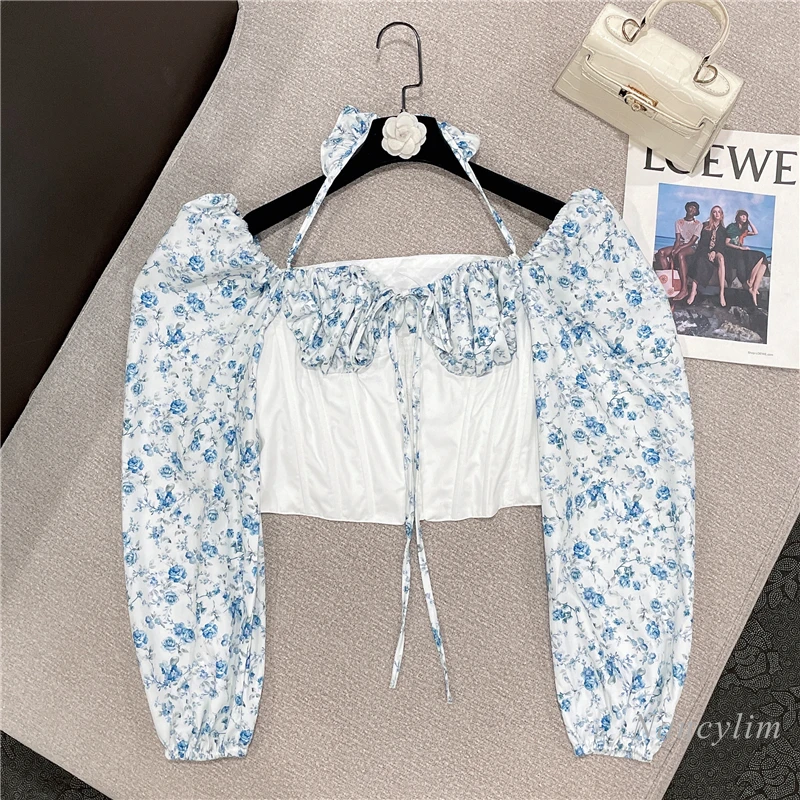 

2022 Summer Crop Top for Women New Retro Sexy Slash Neck Floral Print Sleeve Stitching Slimming Off-Shoulder Shirt Blusas