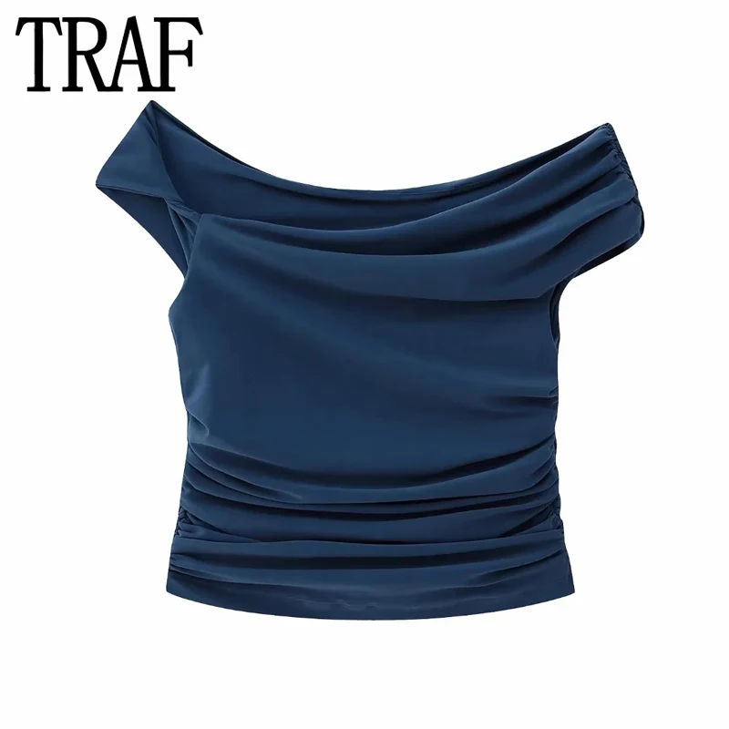 TRAF Asymmetric Crop Top Women Ruched Off The Shoulder Top Female Sleeveless Sexy Tops Woman Fashion Streetwear Summer Tops