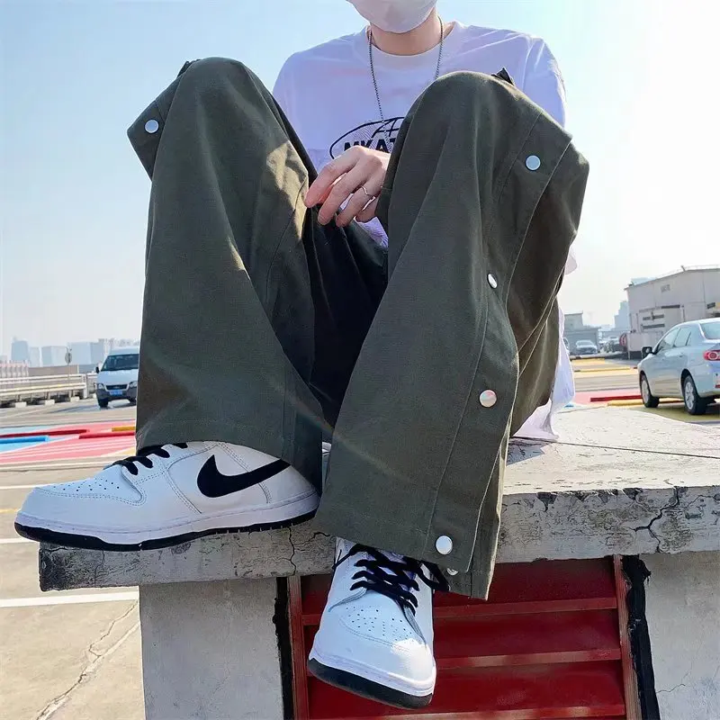 2022 New Men Cotton Cargo Pants Harajuku Style Straight Casual Pants for Men  Solid Big Pockets Loose Wide Leg Design Trousers