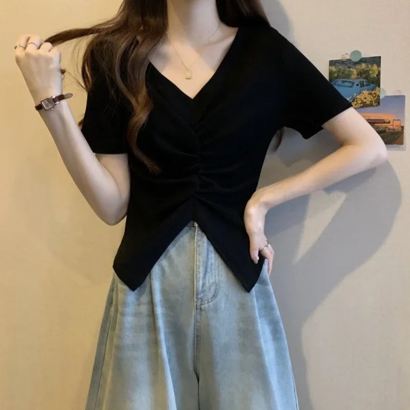 French Style V-neck Short Sleeve T-shirts Women's Summer 2024 New Slimming Inner Base Layer Top Shoulder