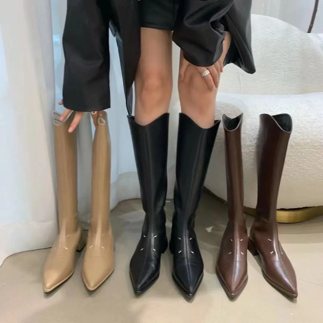 

Pointed Toe Women Knee High Boots 2023 New Arrivals Beige/Black/Brown Flat Low Heels Back Zipper Knight Botas Back Zipper 35-39