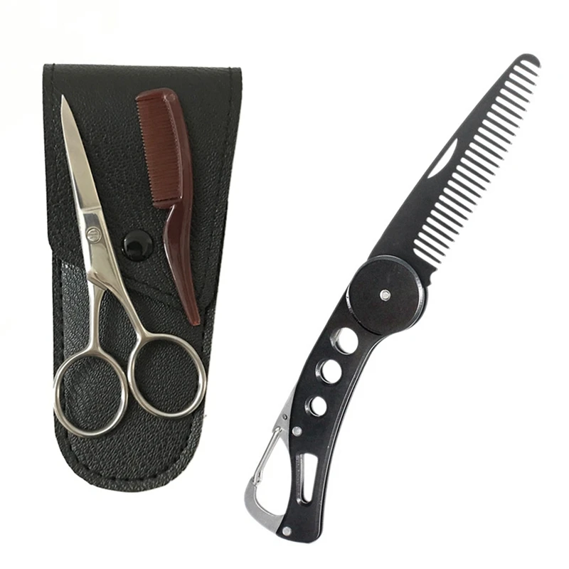 

1 Pcs Foldable Comb Folding Pocket Clip Hair Moustache Beard Comb & 1 Pcs Mustache Eyebrow Trimmer Men Beard Scissors