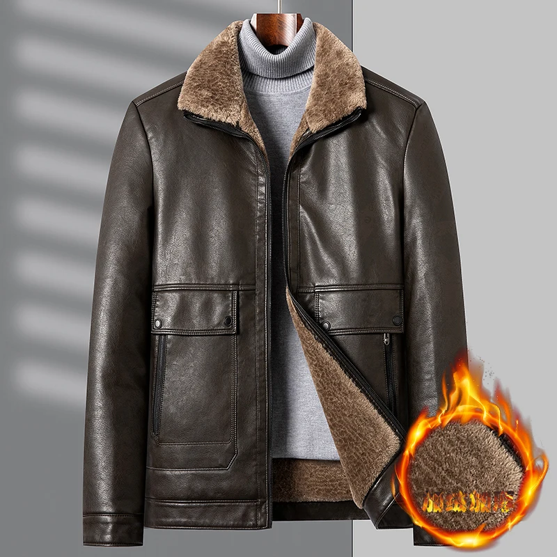 

2023 Autumn and winter men's new fur coat plus fleece thickened lapel business casual middle-aged clothes printed fur coat tide