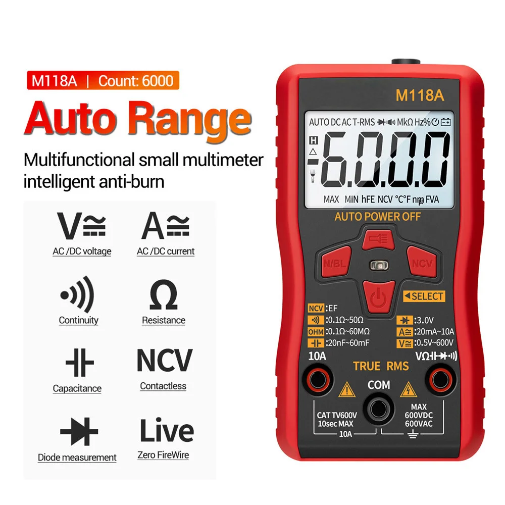 

Smart Tester Mini M118A 6000 Counts Flashlight Digital Multimeter with NCV Data Hold Auto Mmultimetro True Rms Tranistor Meter