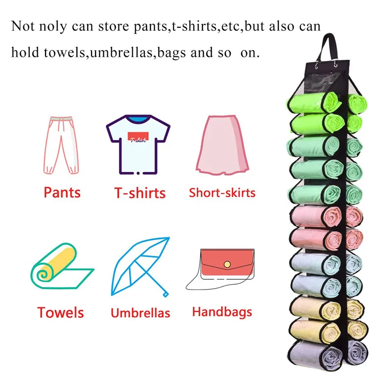 

Clothes Storage Bag Closets Roll Holder Door Organizer With 24 Compartments Storage Hanger For Leggings Pants Jeans Hanging Bag