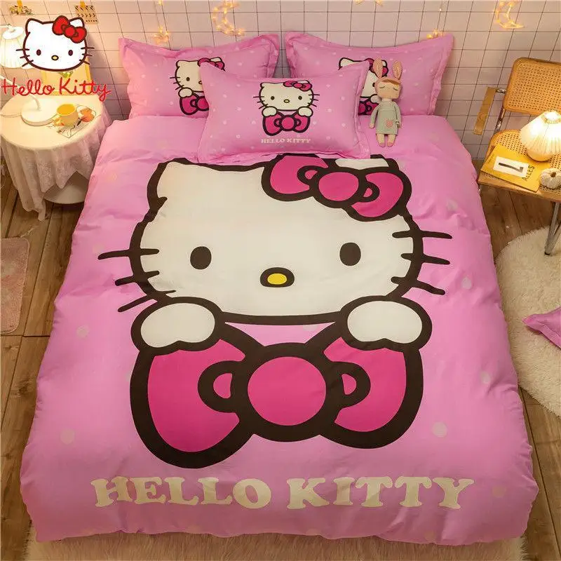 Sanrio pure cotton Hello Kitty Hello Kitty bed sheet KT cat cotton princess style four-piece cartoon three-piece set