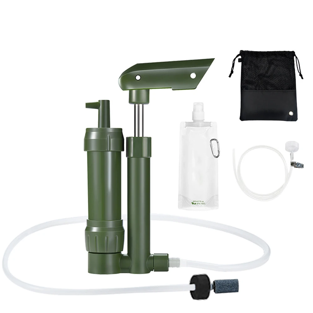

Hand Pump Water Filter 3-Stage Camping Water Purifier Filtration System Survival Gear 0.01 Micron with 500ml Storage Water Bag