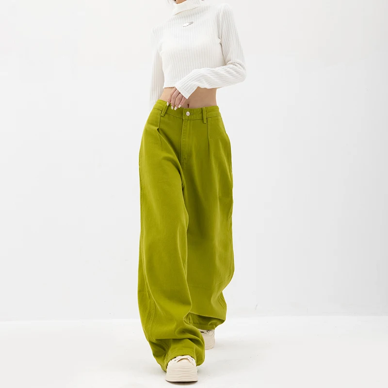 Autumn and Winter Designer Model Jeans Women's Straight Loose Wide-Leg Pants Dark Washed Green Wide-Leg Pants Trousers