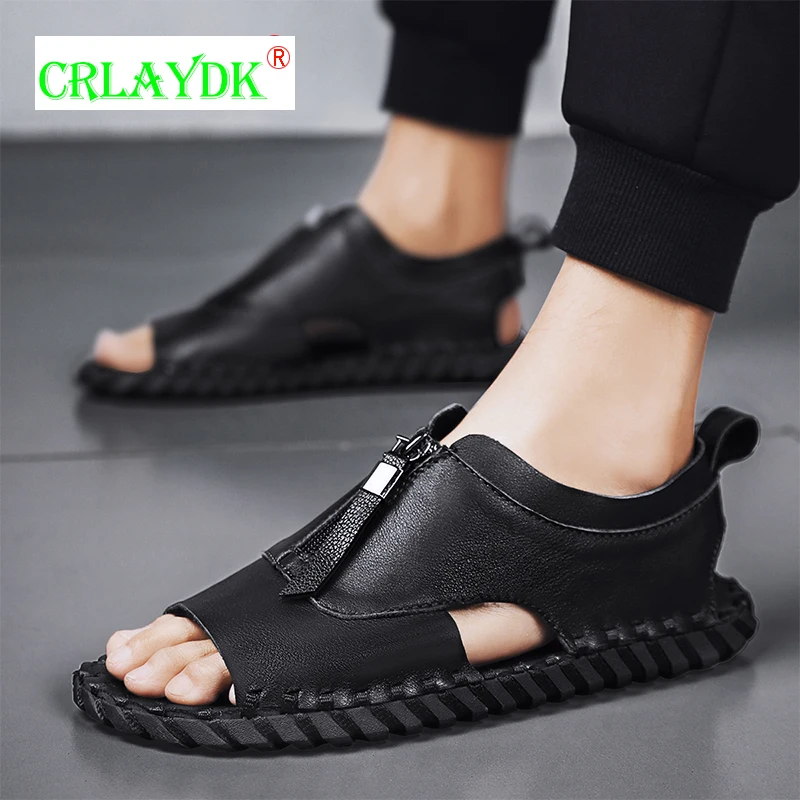 

CRLAYDK Men's Leather Open Toe Flat Sandals Zipper Slip on Hand Stitching Slippers Outdoor Summer Beach Travel Shoes for Driving